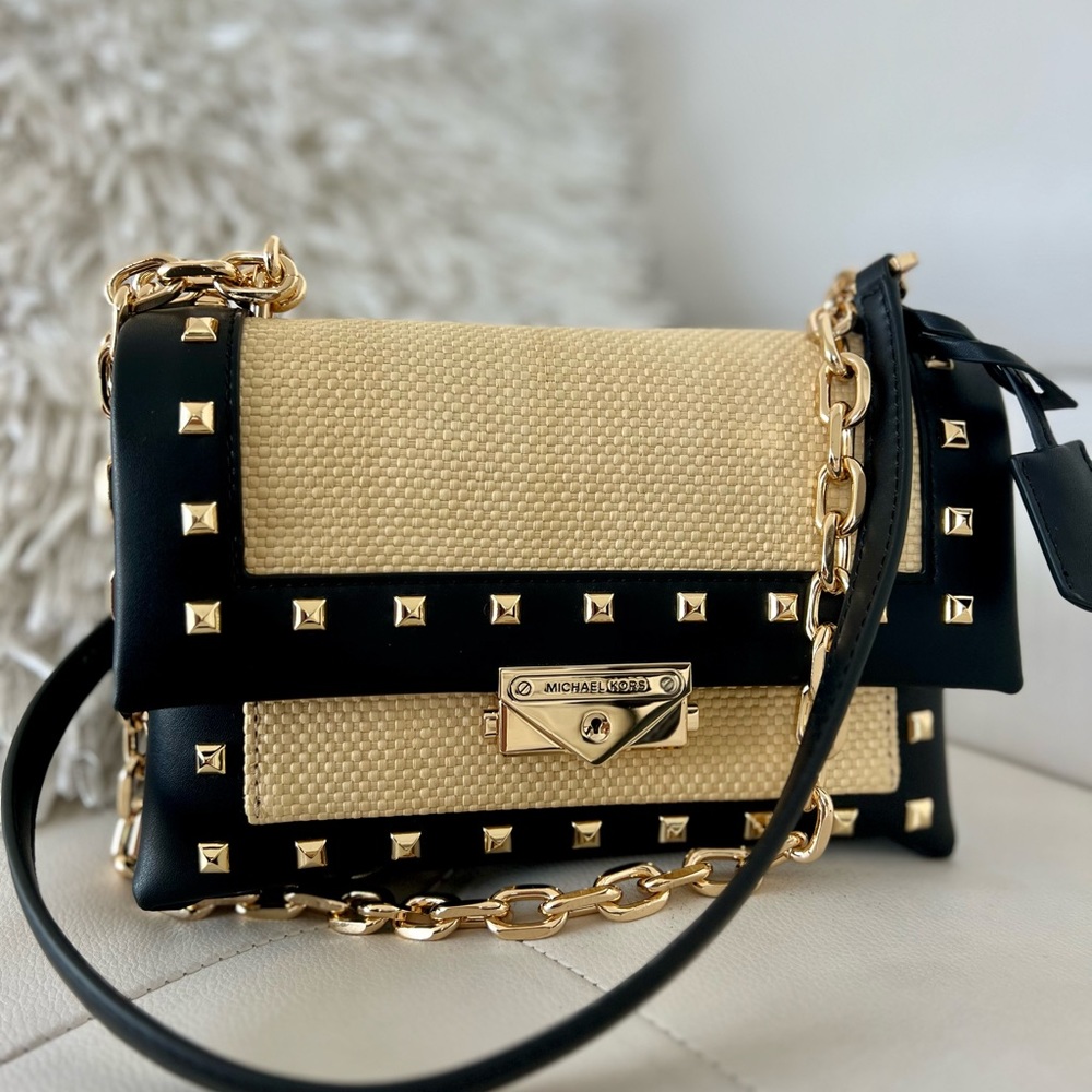 Michael Kors Cece Medium Straw and Studded Faux Leather Convertible.